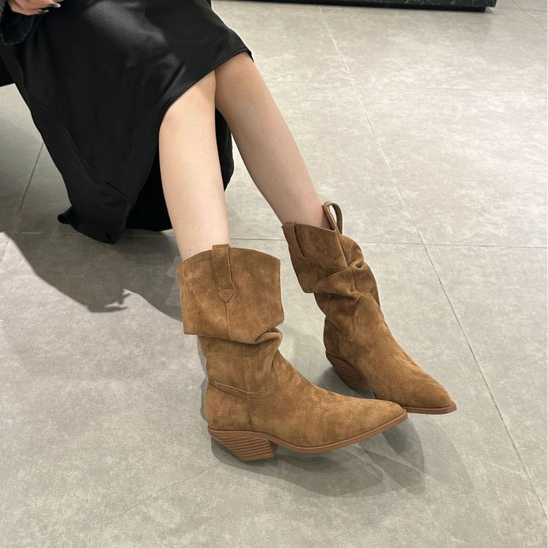 Versatile Retro Ankle Korean Style Chunky Sleeve Short Pleated Women's Leather Boots