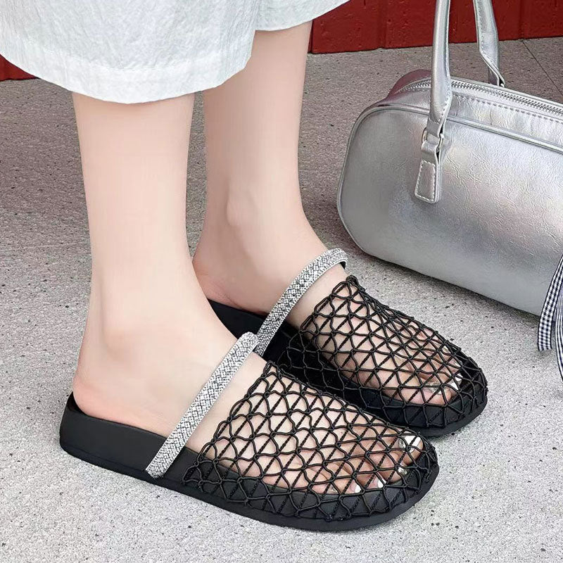 Fishnet Rhinestone Niche Flat Closed Toe Slippers