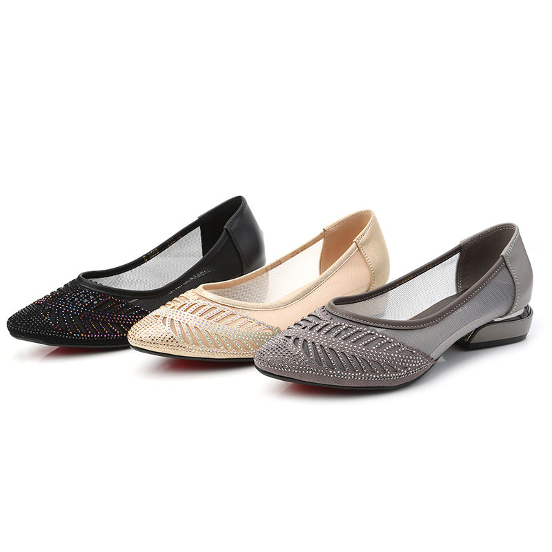 Women's Thick Mid Rhinestone Summer Mesh Mother Women's Shoes