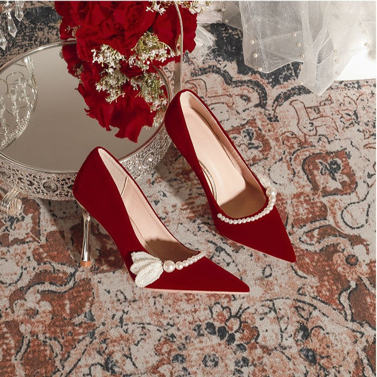 Women's Suede Red Stiletto Wedding Bride Bridesmaid Festive High Large Heels