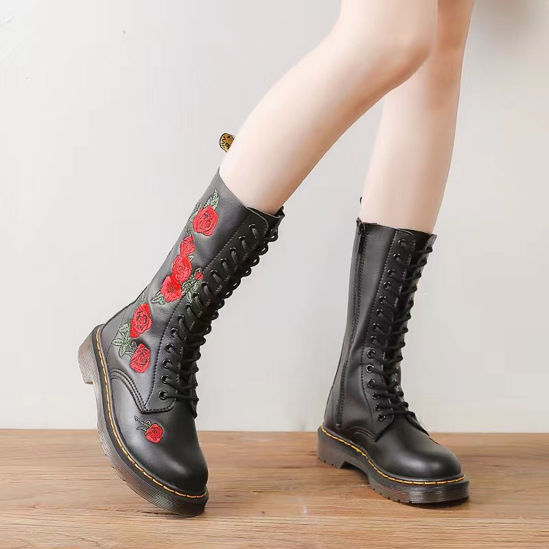 Women's British Motorcycle Long Round Toe Rose Large Women's Shoes
