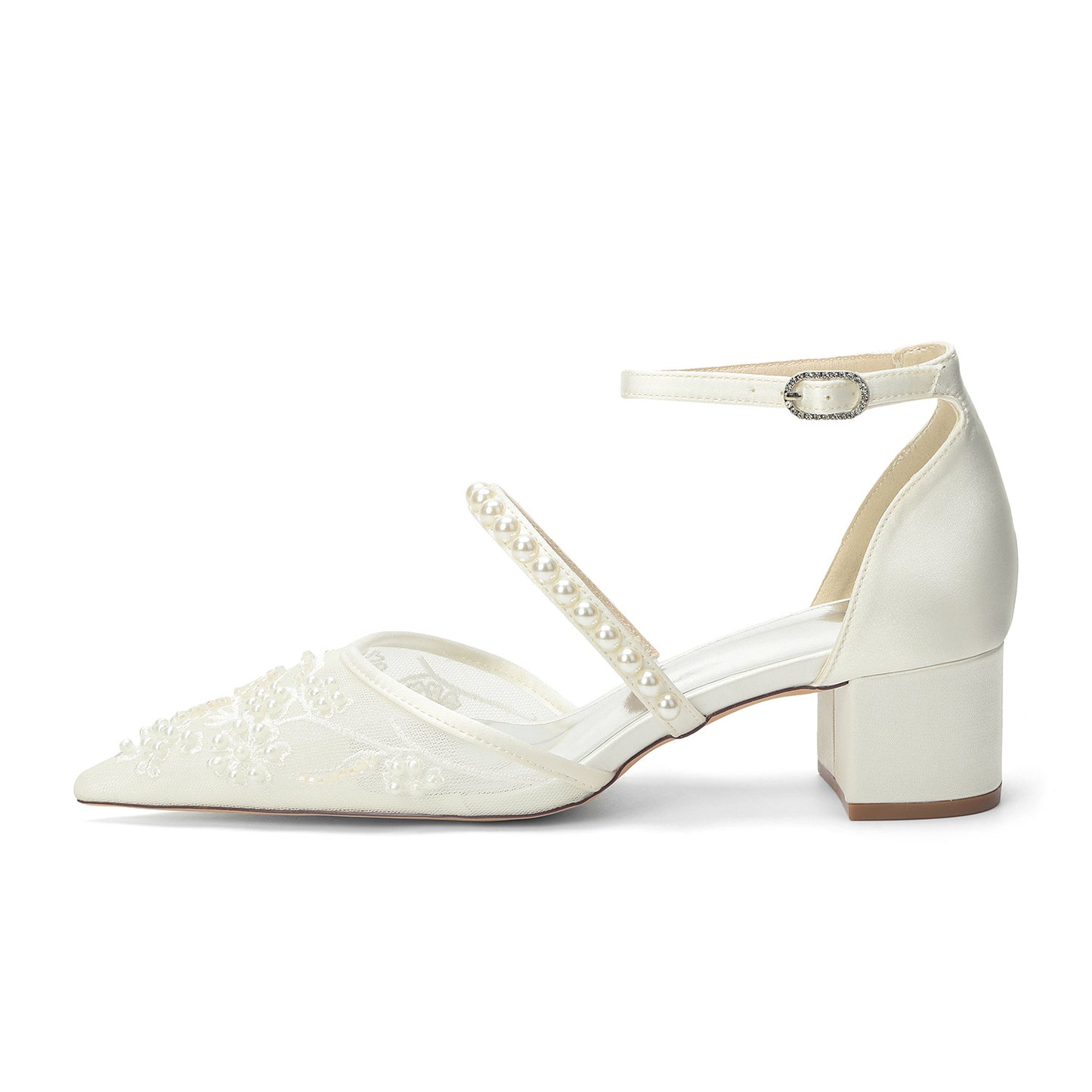 Women's Pointed Pearl Strap Embroidered Wedding Bridal Heels