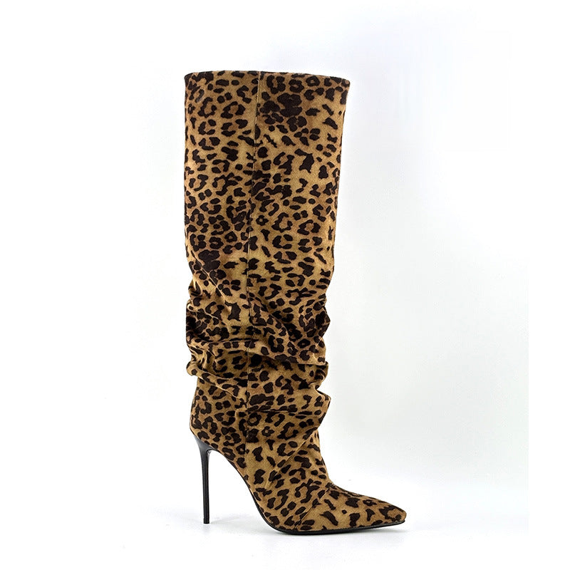 Women's High Side Zipper Pleated Leopard Print Women's Leather Boots