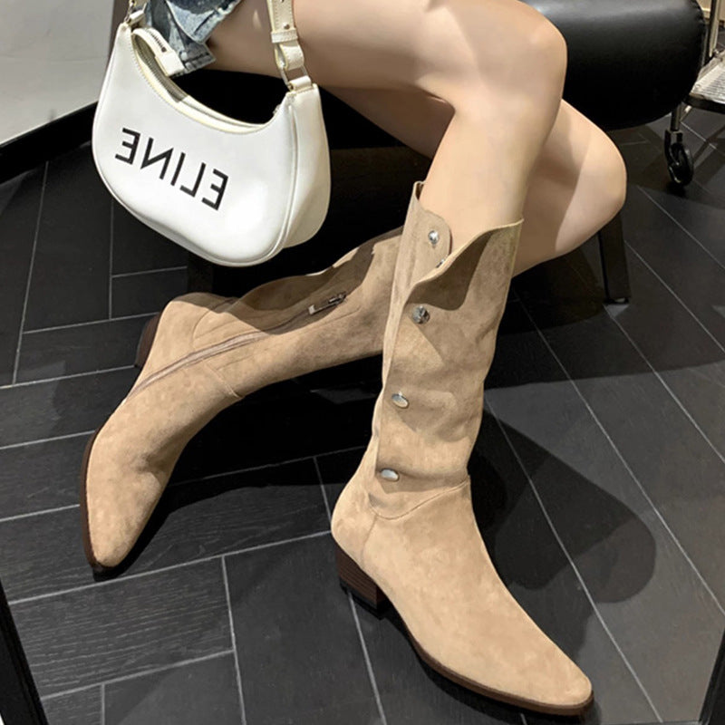 Women's Pile Style Chunky High Western Cowboy Below The Knee Long Women's Leather Boots