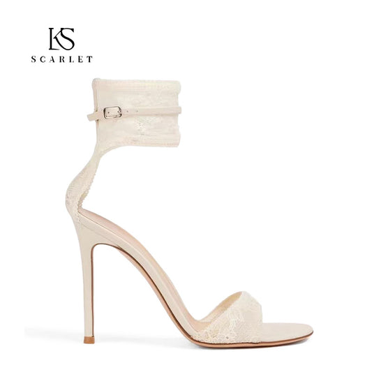 Women's White Dress Wedding Lace High-heeled Stiletto Main Yarn Ankle Ring High Heeled Sandals
