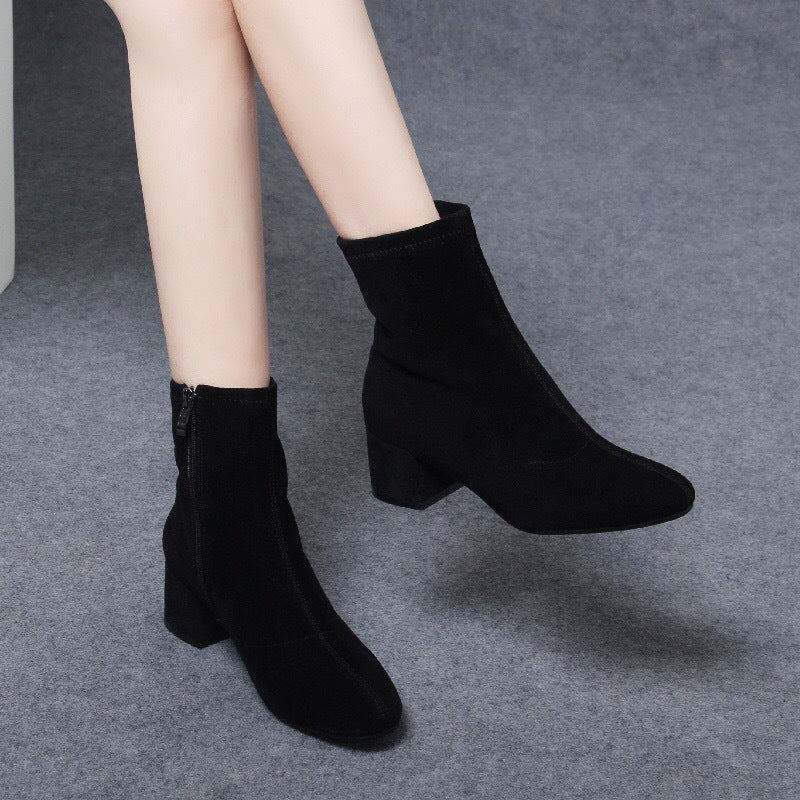 Women's Sheepskin Booties Matte Mid Chunky Suede Heels