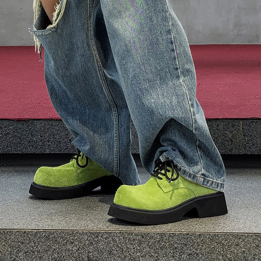 British Style Long Fur Apple Green Leather Shoes