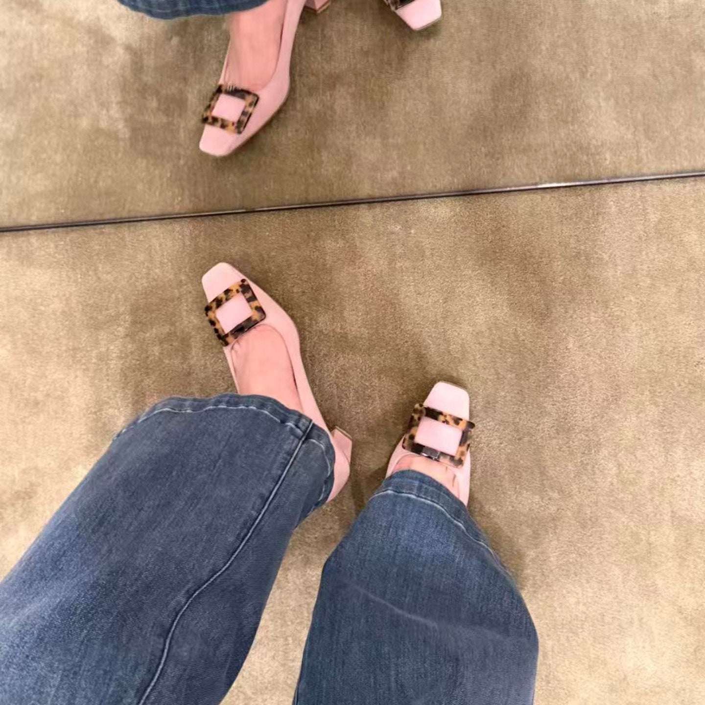 Women's Shin Square Buckle Chunky Pumps Spring Toe Elegant Dress Heels
