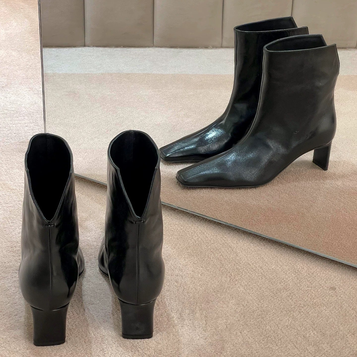 Women's Style Temperament Square Toe Rear Open V Cut High-heeled Skinny Women's Leather Boots