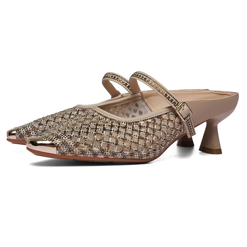 Jane Elegant High-grade Muller Rhinestone Mesh Slippers