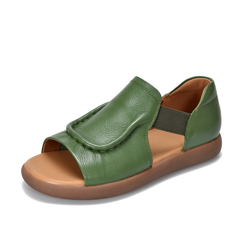 Women's Simple Genuine Summer Cowhide Hollow Open Toe Roman Style Elastic Flat Sandals