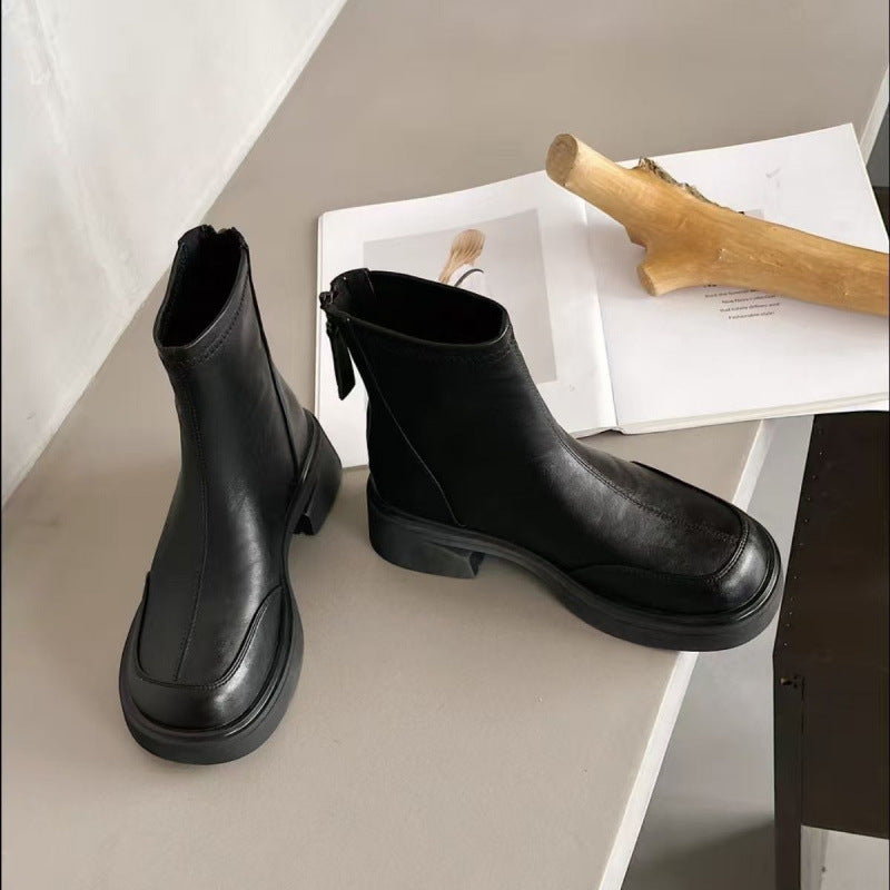 Women's Fashion Short British Style Skinny Thick Round Women's Leather Boots