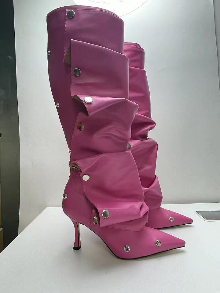 Women's High Metal Rivet Denim Stitching Two-way Pile Style Knee-length Large Women's Leather Boots