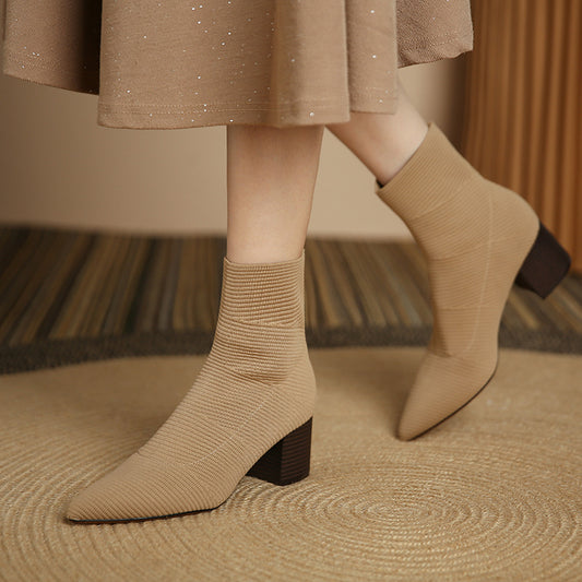 Women's Pointed Knitted Cotton Short Thick Thin Boots