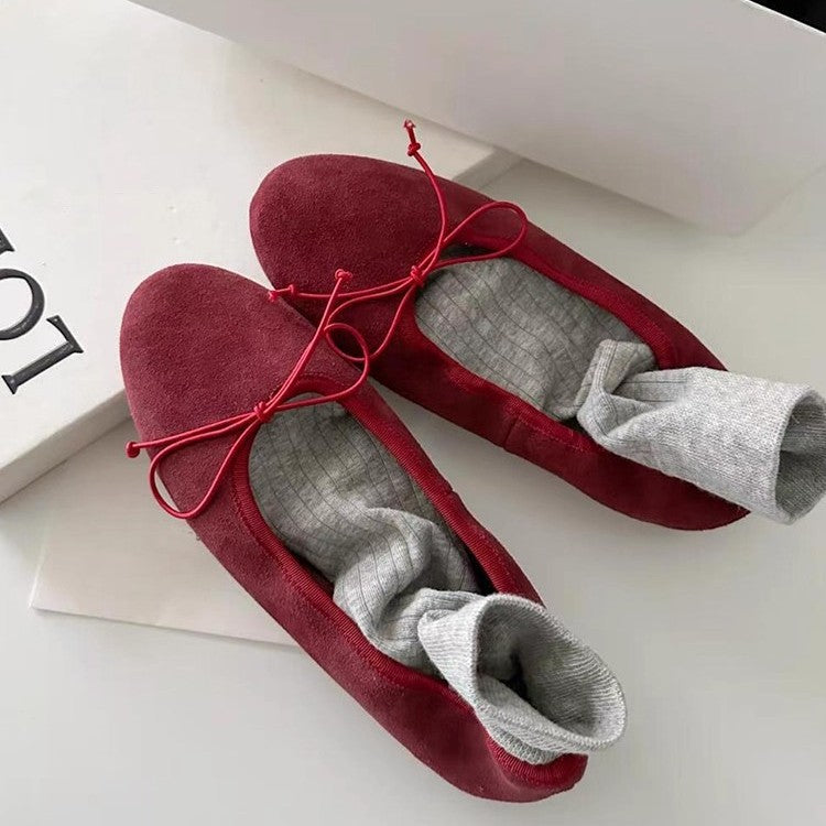 Style Retro Flat Bottom Bow Low-cut Slip-on Ballet Female Fleece-lined Women's Casual Shoes