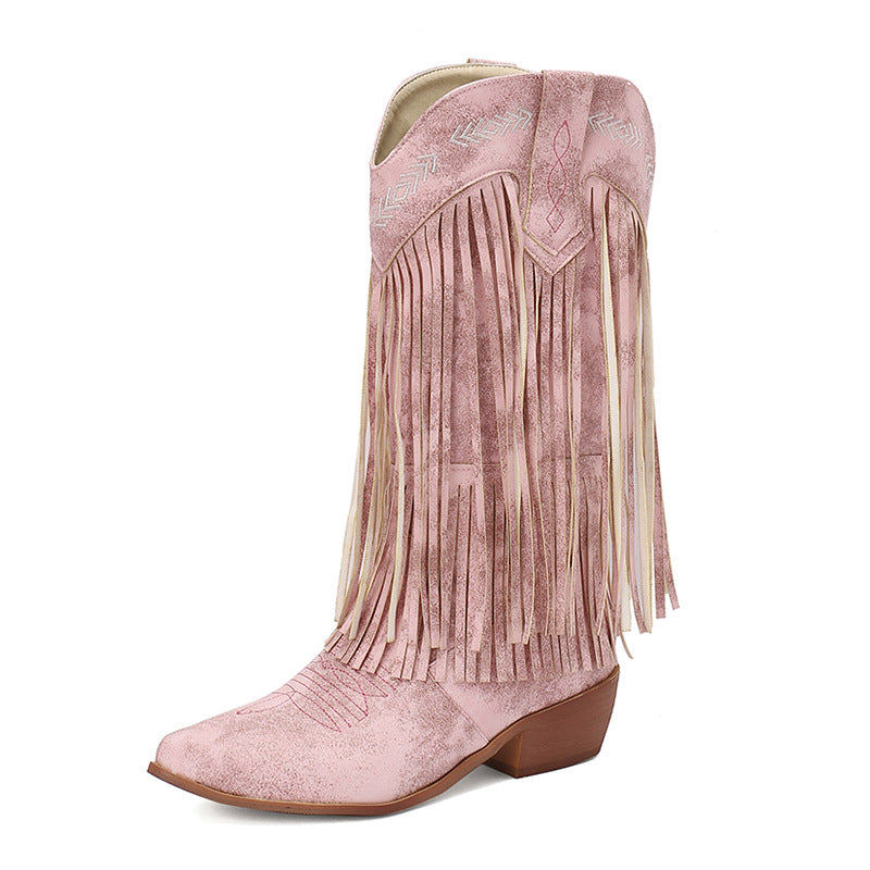 Women's Mid Pointed Western Tassel Embroidery Women's Leather Boots