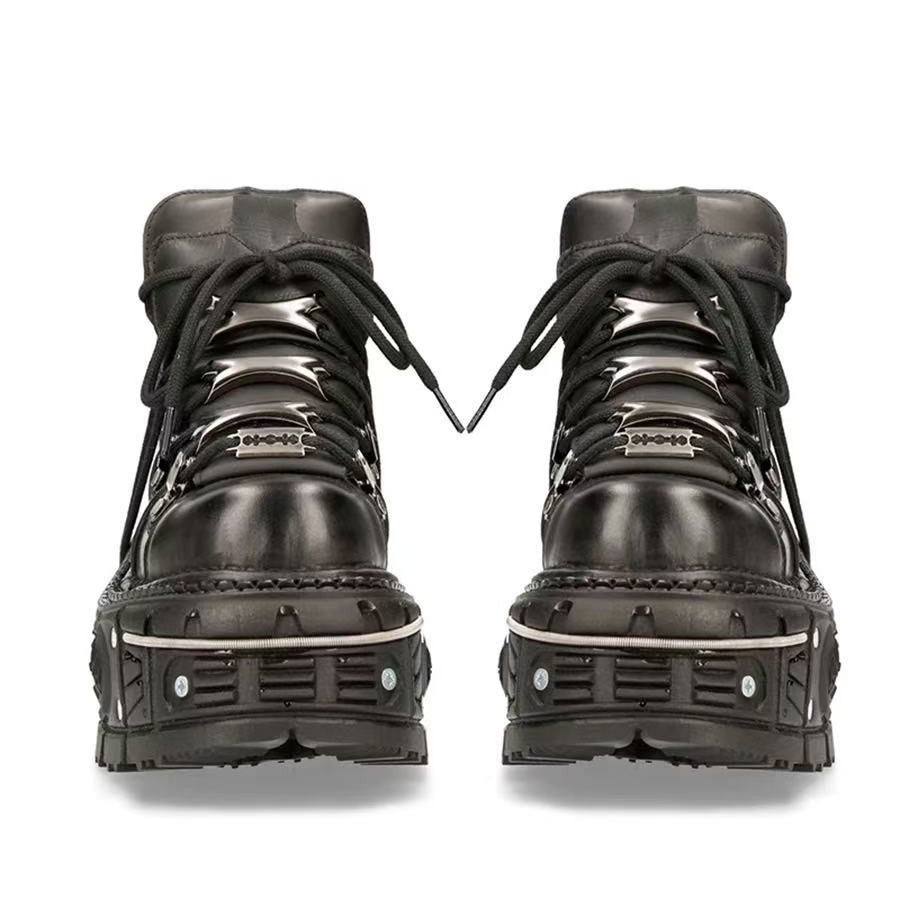Women's & Men's Retro Spanish Tank Bottom Metal Platform Dark Leather Shoes