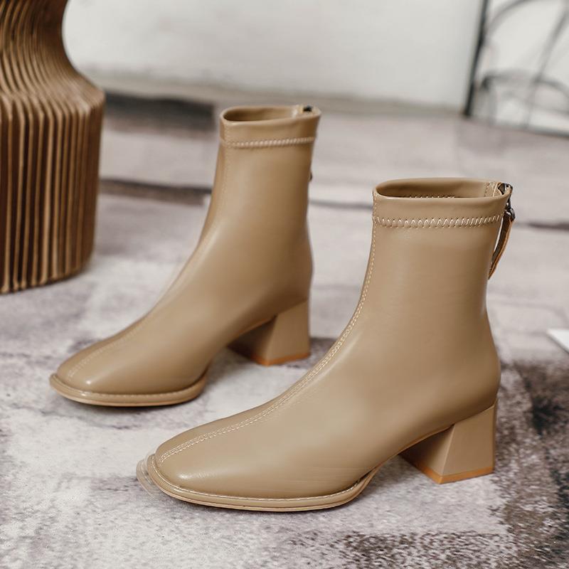 Women's Thin Fleece-lined French Style Booties Chunky Boots