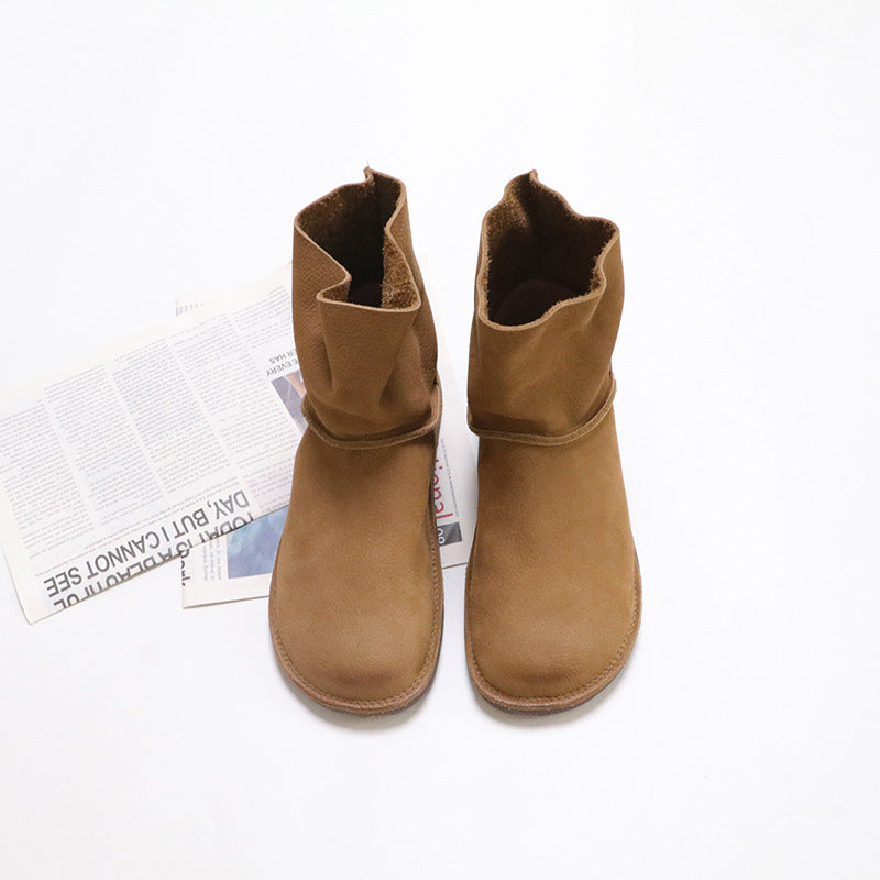Women's Layer Cowhide Flat Fleece Simple Cotton Linen Style Cozy Snow Boots