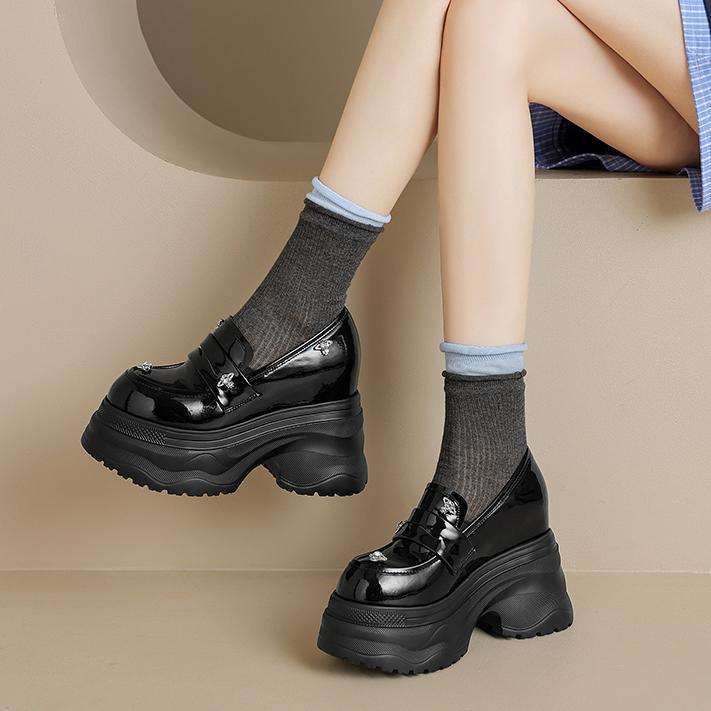 Increasing Insole Slip-on Deep Mouth Pumps Patent Platform Heels