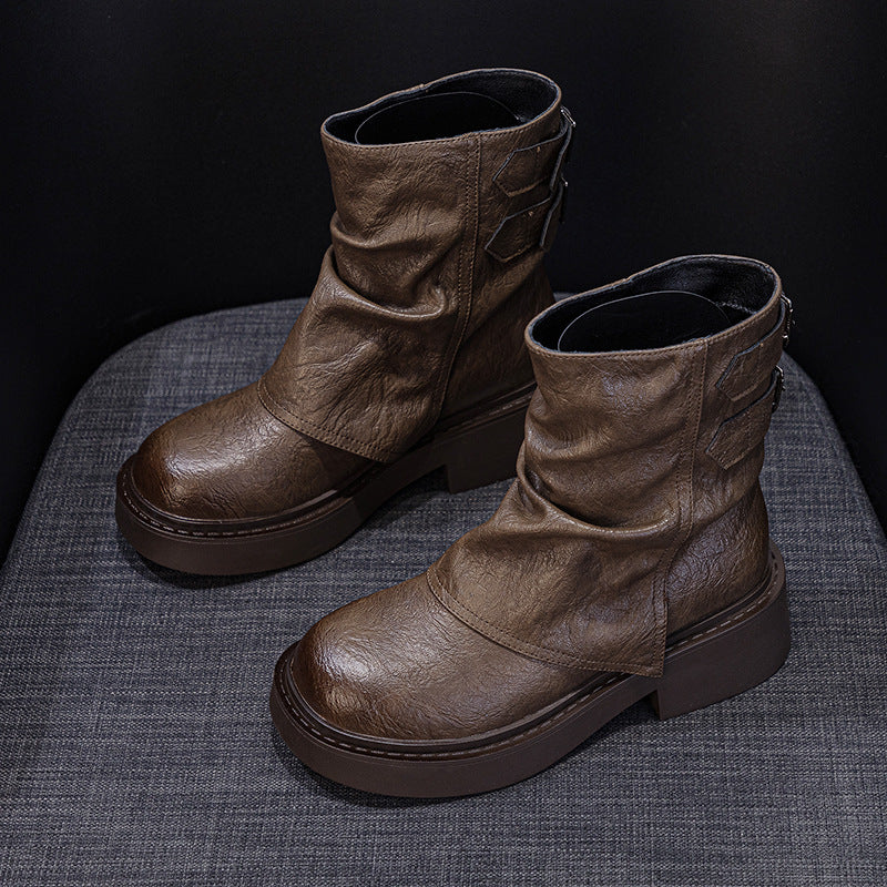 Women's British Style Short Pleated Knight Platform Pants Pile Boots