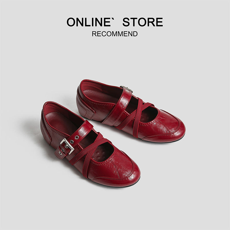 Women's Invisible Height Increasing Insole Retro Ballet Mary Jane Red German Women's Shoes