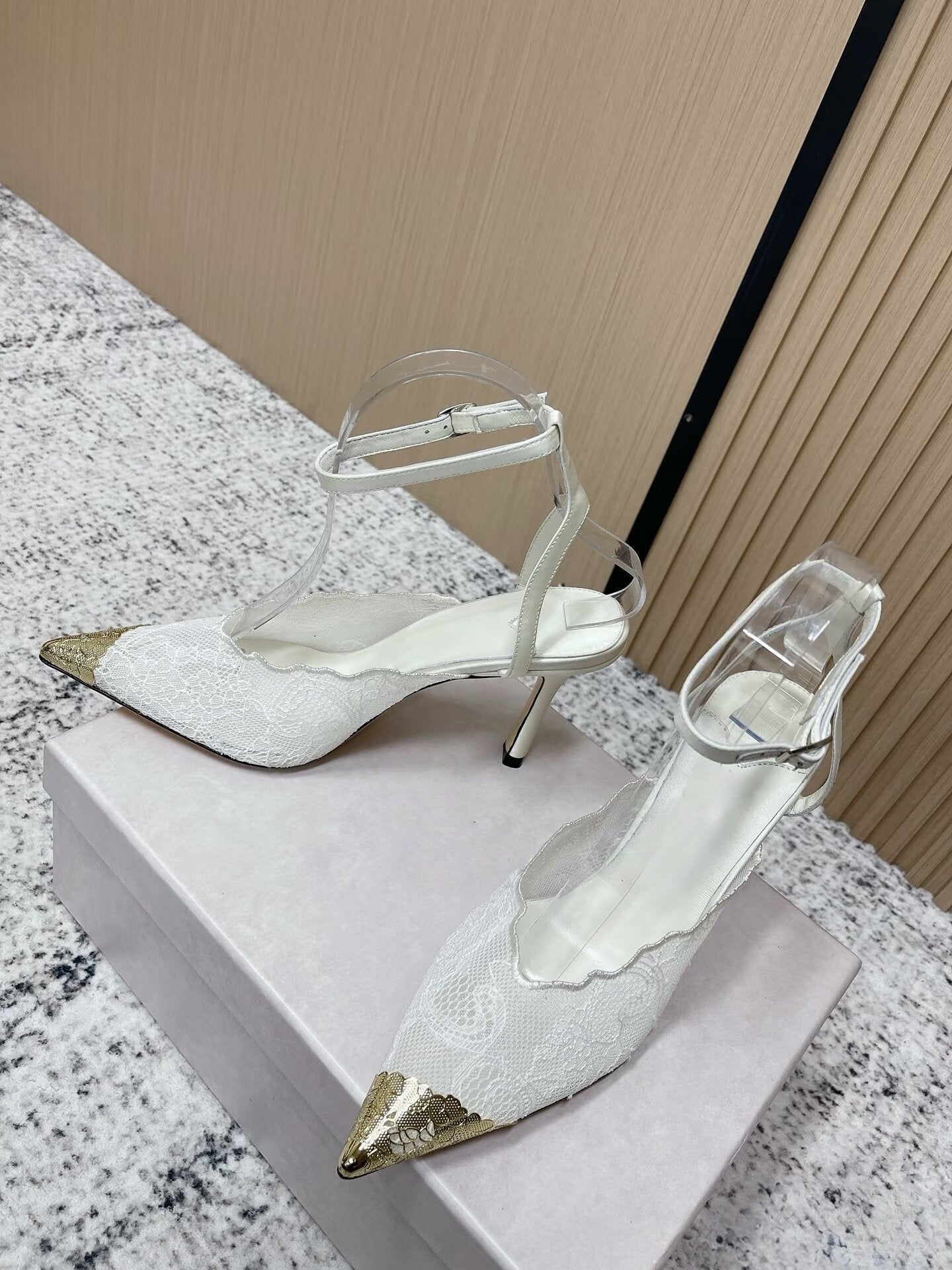 Women's Lace Closed Toe Pointed Stiletto Back Strap Metal Buckle High Heeled Sandals