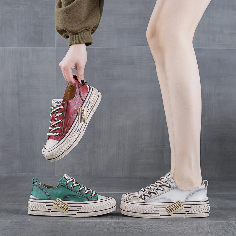 Women's Cowhide Retro Red Spring Versatile Sports Women's Board Shoes