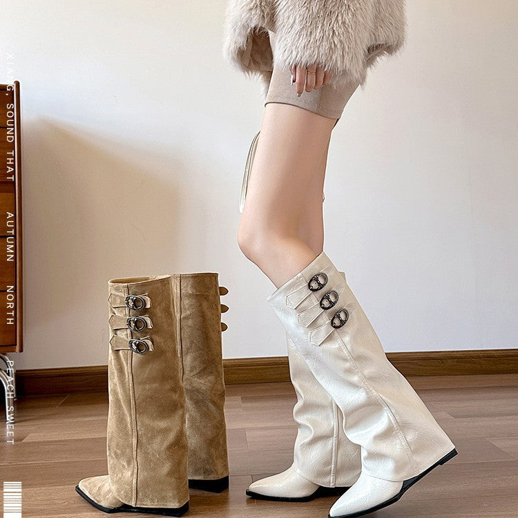 Women's Height Increasing Insole Pile Style Belt Women's Leather Boots