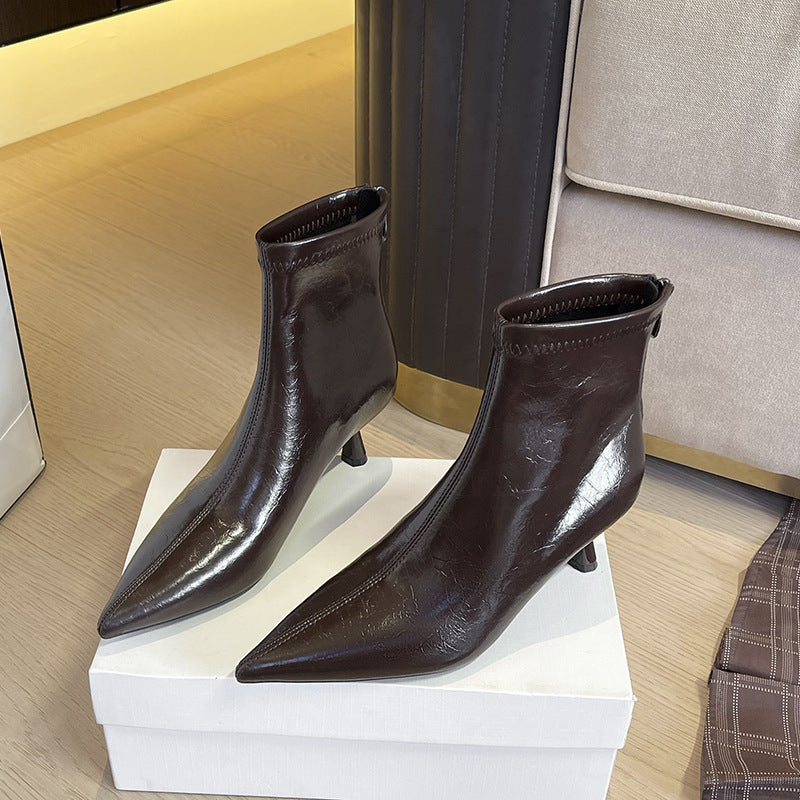Women's Stiletto Pointed Ankle Back Zipper High-heeled Skinny Slimming Temperament Wild Women's Leather Boots
