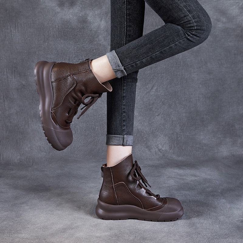 Women's Fashion Flat Top Layer Cowhide Shell Boots
