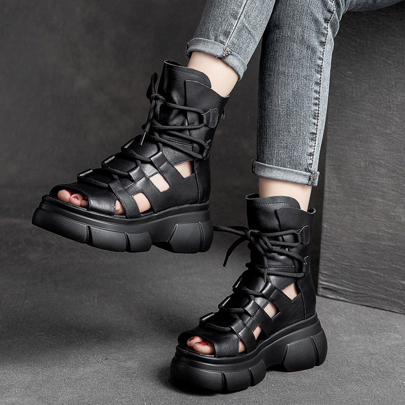 Shu Chun Thick-soled Round Toe Open Brushed Retro Style Platform Sandals