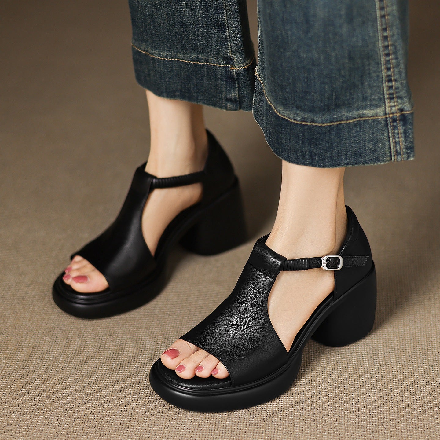 Women's Toe Sheepskin Chunky Summer Hollow Roman Word With High Heeled Sandals