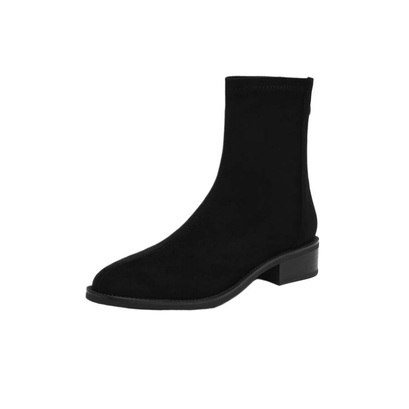 Women's Round Head Chunky Low Ankle Retro Back Zipper Women's Leather Boots