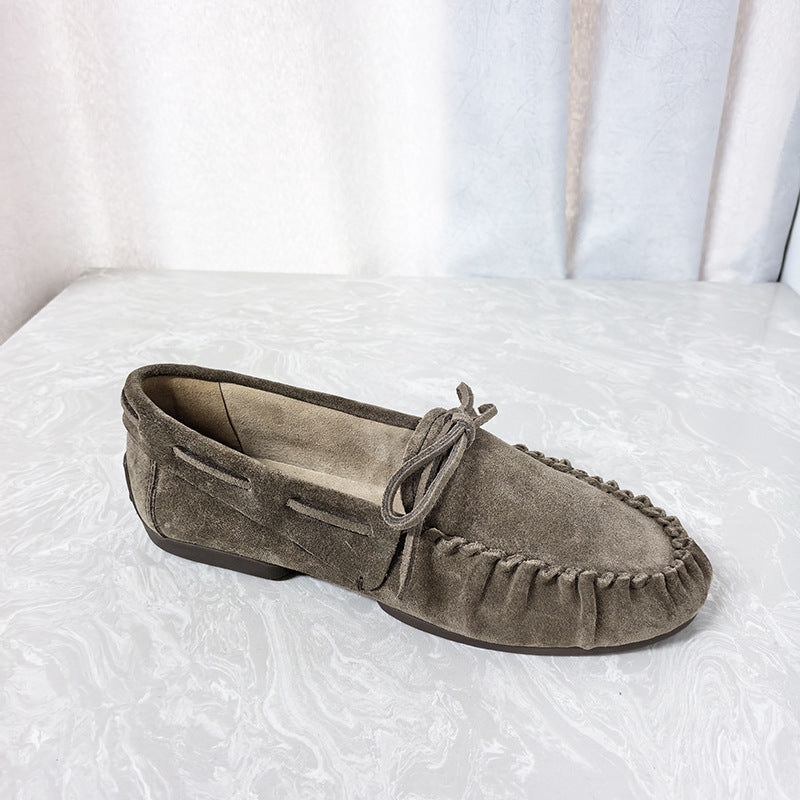 Women's Genuine Flat Bowknot Round Toe Pumps Vintage Crumpled Loafers