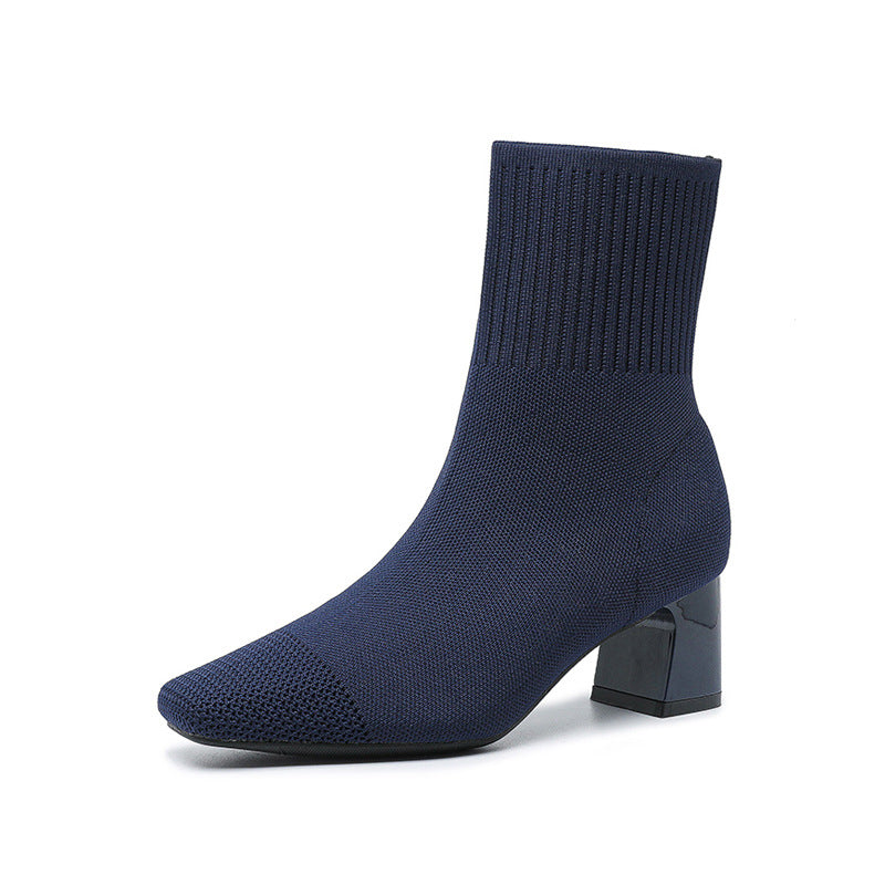 Women's Elastic Chunky Thin Knitted Sock Black Square Boots