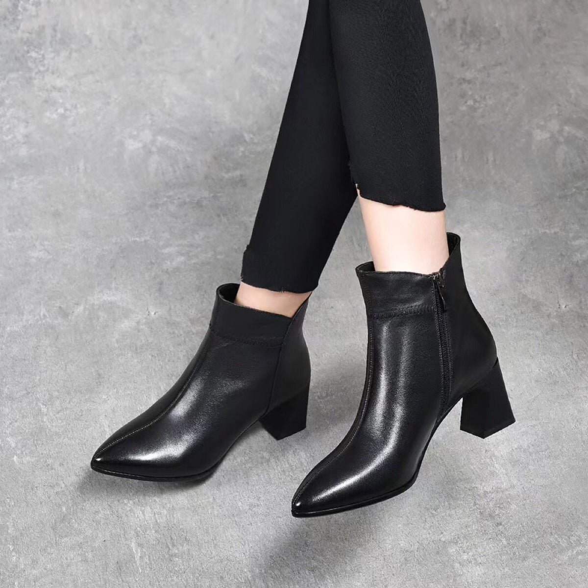 Women's Genuine Flat Soft Booties Pointed Toe Chunky Women's Leather Boots