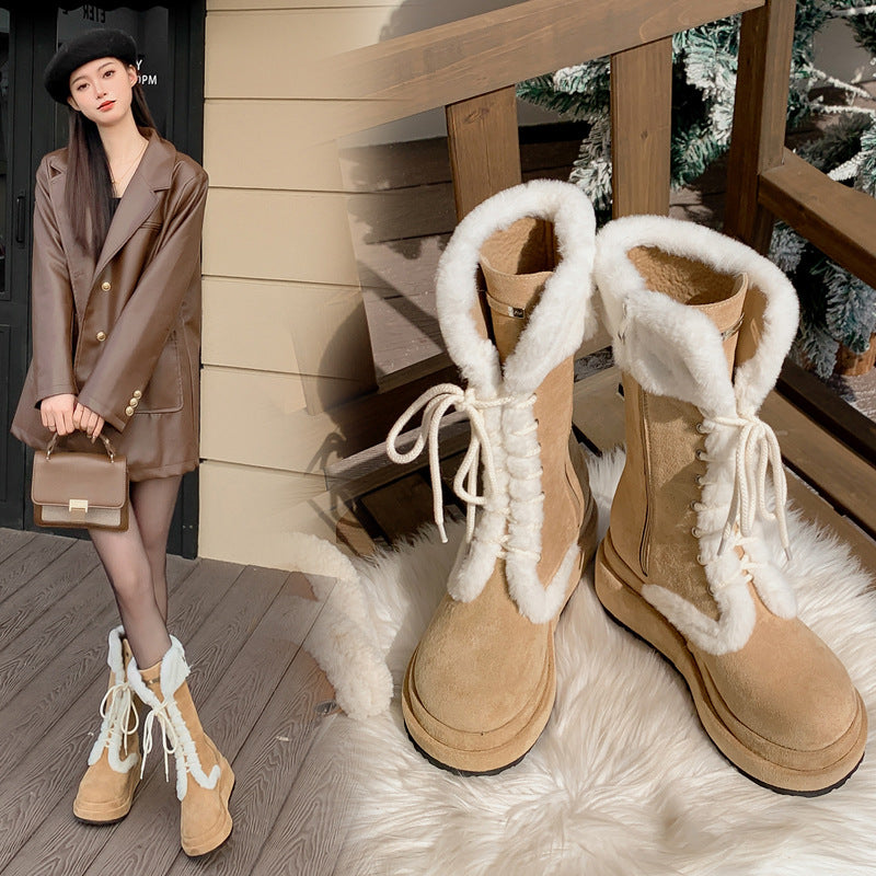 Women's Winter Retro Platform Fleece-lined Knight Thermal Middle Tube Snow Boots