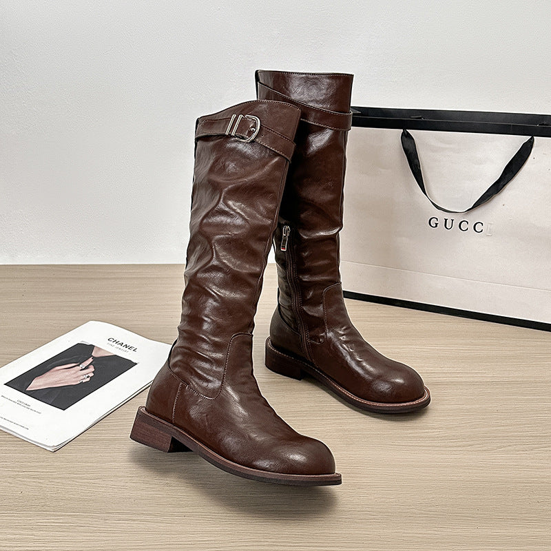 Thick Bottom Riding Plus Size Pleated Soft High Women's Leather Boots