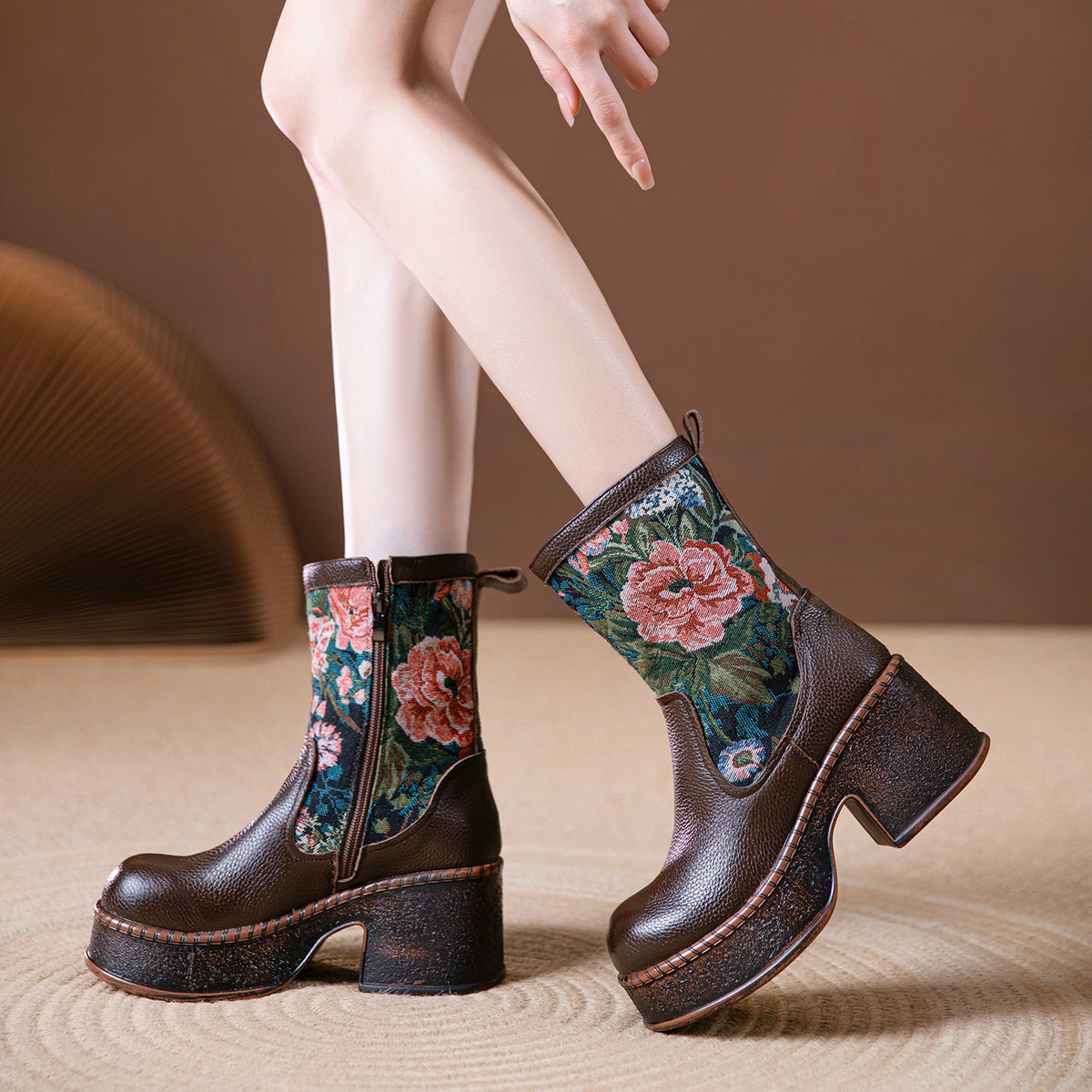 Women's Retro Ethnic Style For Chinese Embroidered Waterproof Platform Women's Leather Boots