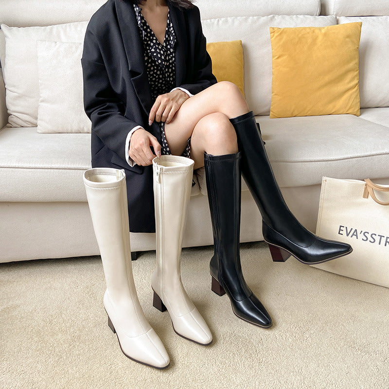 Long Female Cowhide Square Toe High Fleece-lined Stretch Below Boots