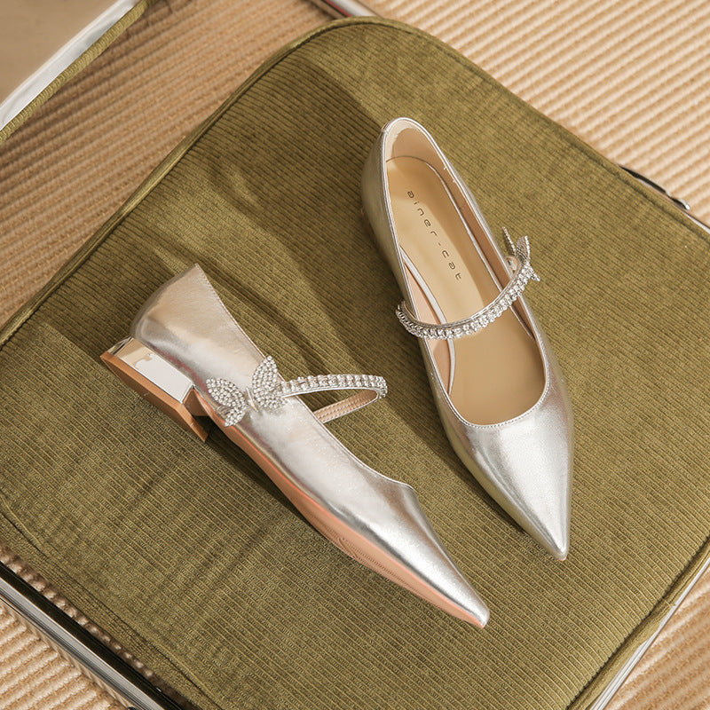 Women's Chunky Flat Pointed Toe Rhinestone Bow Women's Fashion Shoes
