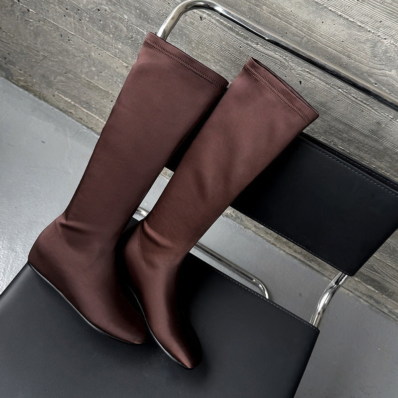 Women's Stretch Winter Cloth Round Head Solid Color Height Increasing Insole Women's Leather Boots