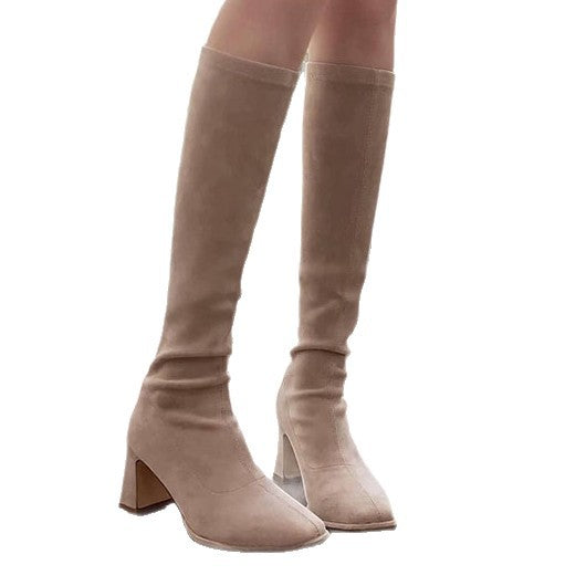 Women's High Long Stretch Thin With Chunky Tube Women's Leather Boots