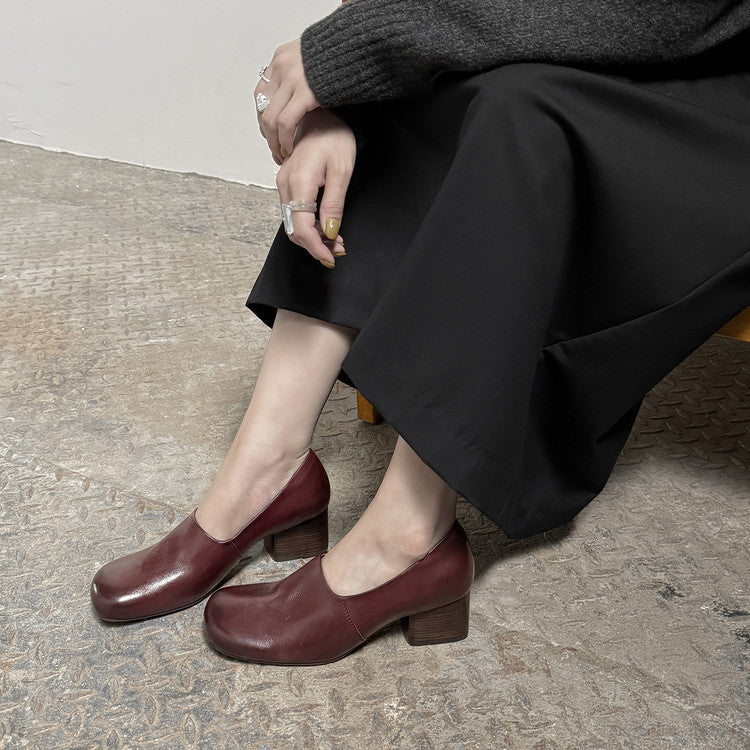 Women's Cowhide Thick Pumps Mid Round Head Brushed Medium-sized Women's Fashion Shoes
