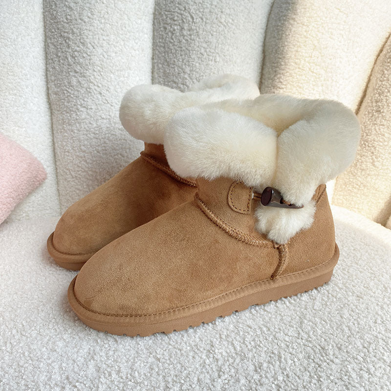Women's Sheepskin Fur For Horn Button Warm Snow Boots