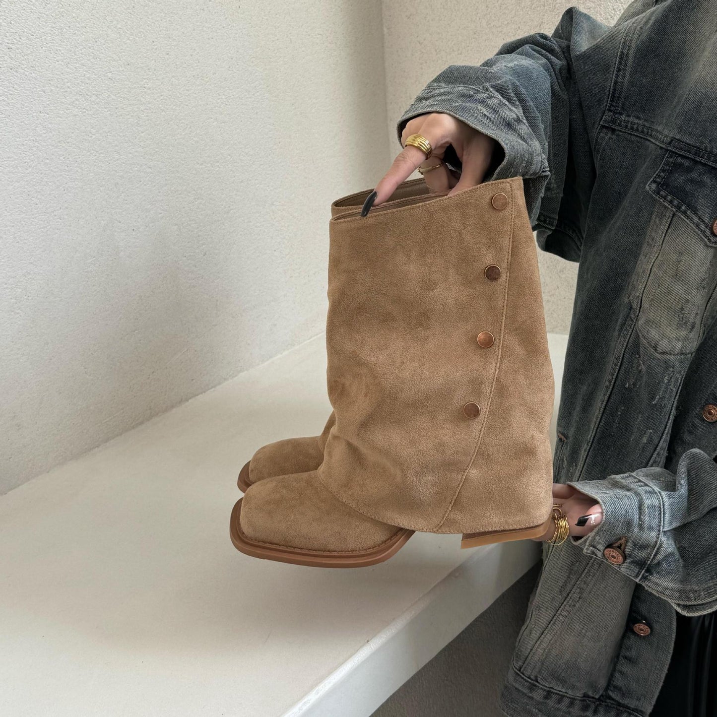 Western Denim Pile Style Knight Early Autumn Martin Women's Leather Boots