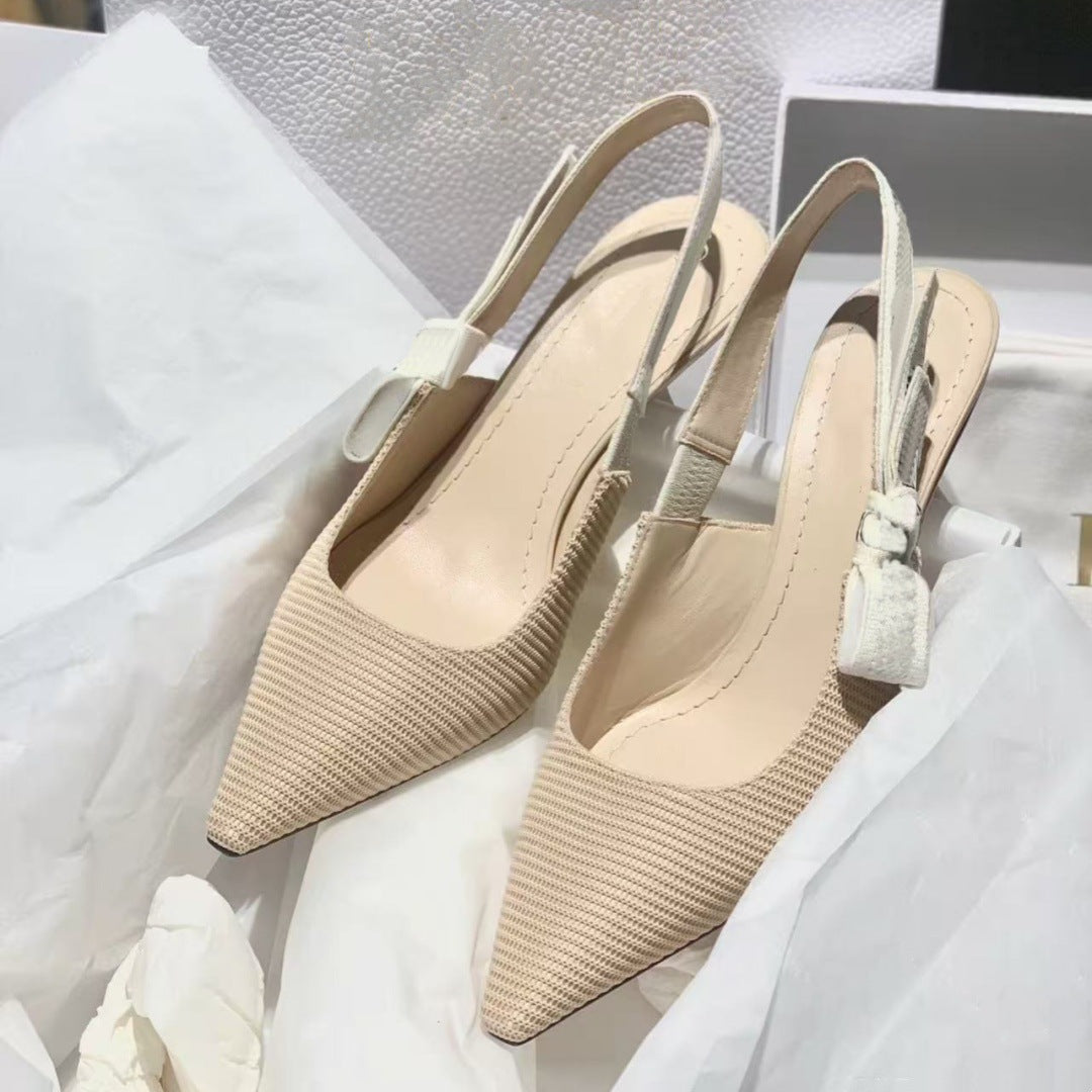 Women's Embroidery Knitted Back Empty Toe Cap Heels