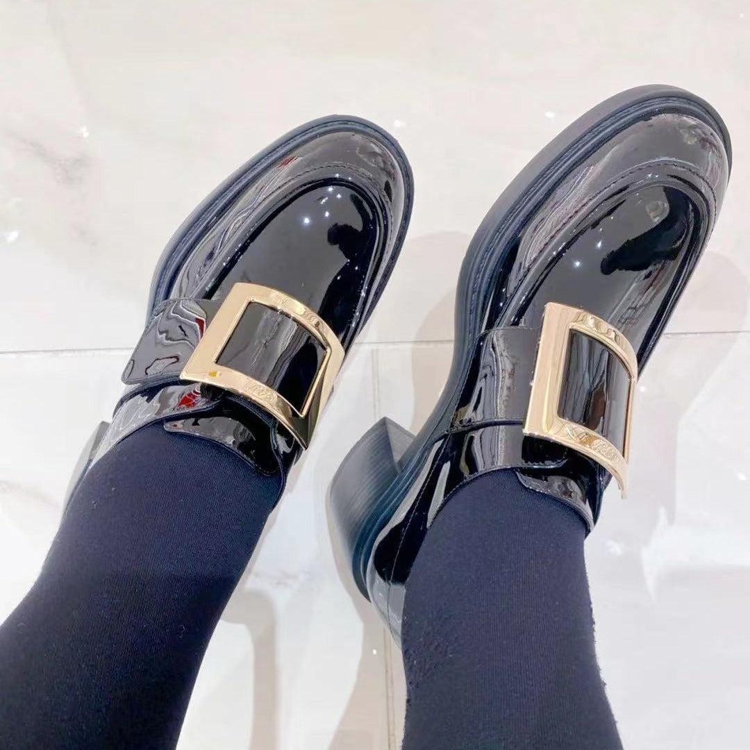 British Style Female Preppy Patent Square Buckle Loafers