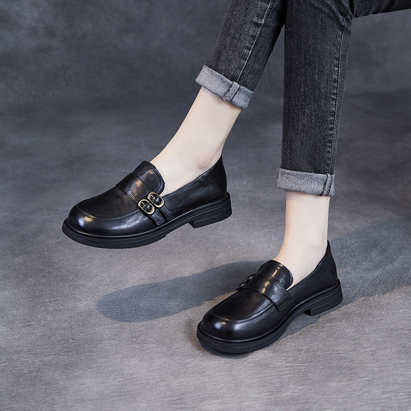 Women's Color First Layer Cowhide Pumps Retro British Style Low Soft Loafers